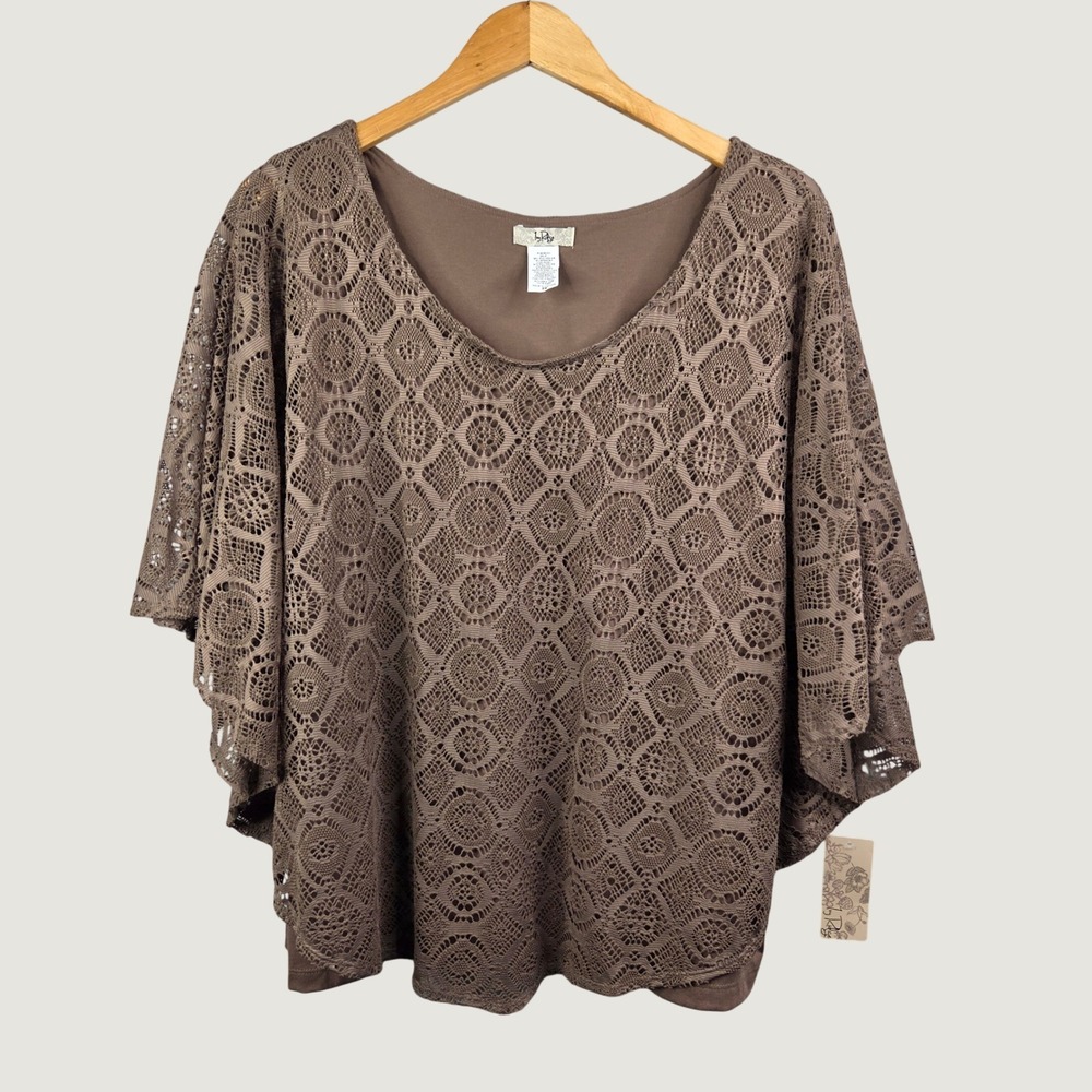 Ivy Ridge Poncho Top Women 2X Brown NWT Crochet Lace Overlay Flutter Sleeve Boho